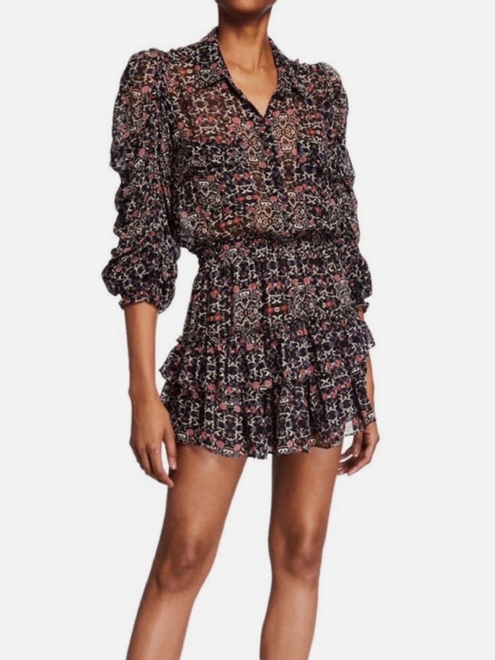 Misa Los Angeles Black Floral Tiered Midi Dress